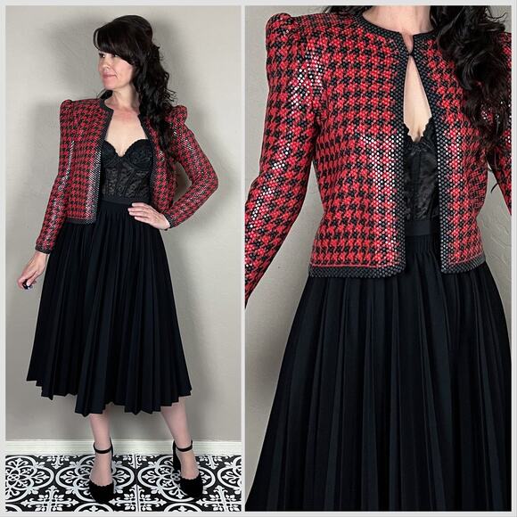 Vintage 1980s Houndstooth Sequins Knit Open Front Crop Jacket - Picture 1 of 7